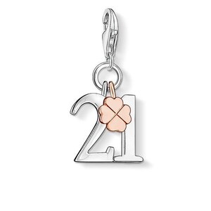 Op de afbeelding: Zilveren bedel met het nummer 21 en een vierbladig klavertje vier bedel van roségoud.