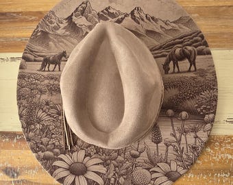 Horses, meadow and mountains Burned Hat, Floral Cowboy Hat. Burned Cowboy Hat: Engraved Suede/Felt Boho Fedora, Felt Wide brim hat Festivals
