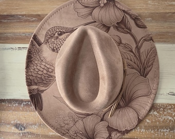 Hummingbird Burned Hat,  Bird Floral Burned cowgirl Cowboy Hat: Engraved Suede Boho Fedora, Wide brim hat Western Hat Festivals