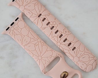 Engraved Flowers, Garden, Hibiscus Gift Design for Apple Watch Silicone Sports Band/Strap  38mm/40mm/41mm/42mm/44mm/45mm/46mm/49mm