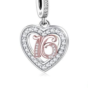 Sweet 16th Birthday 925 Sterling Silver 16th Birthday Dangle Charm Bead Landmark Birthday Fits all Charm Bracelets Heart charm