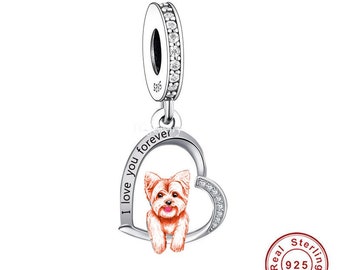 ヨークシャーテリアチャーム、ヨーキーチャーム、子犬の愛、925スターリングシルバーのI Love You Foreverダングルチャームはすべてのチャームブレスレットにフィットします
