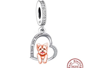 Yorkshire Terrier Charme, Yorkie Charme, 925 Sterling Silber I Love You Forever Anhänger passt für alle Bettelarmbänder