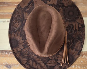 Sunflowers and butterflies Burned Hat, Floral Cowboy Hat. Burned Cowboy Hat: Engraved Suede/Felt Boho Fedora, Felt Wide brim hat Western Hat
