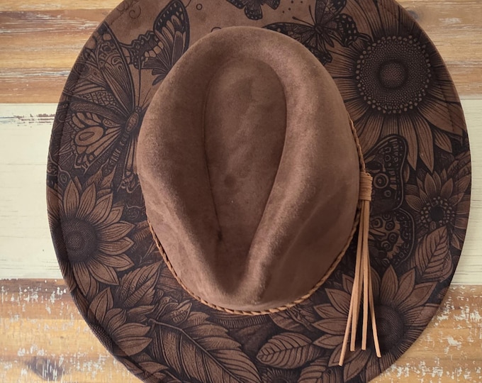 Sunflowers and butterflies Burned Hat, Floral Cowboy Hat. Burned Cowboy Hat: Engraved Suede/Felt Boho Fedora, Felt Wide brim hat Western Hat