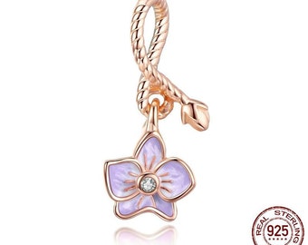 Purple Orchid Flower charm, Flower Phalaenopsis 925 Silver Charm European style Bracelet , Necklace Charm, 925 Charm, Gifts for her