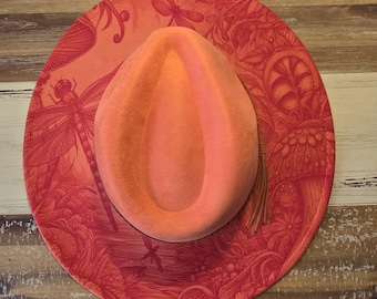 Dragonfly garden Boho Mystical  Cowgirl Burned Hat, Floral Burned cowgirl Cowboy Hat: Engraved Suede Fedora Wide brim hat Western Hat
