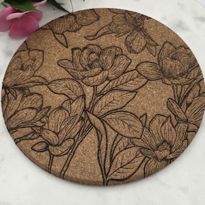 Cork Magnolias Laser Engraved Cork Trivet: Kitchen Decor Pot Holder Gift, Personalized Housewarming Wedding Hot Pad