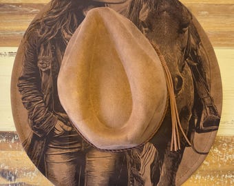 Horse and Cowgirl Burned Hat, Floral Burned cowgirl Cowboy Hat: Engraved Suede Boho Fedora, Wide brim hat Western Hat Festivals