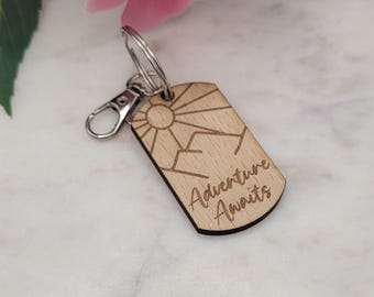 Adventure awaits, camping, travel keychain adventure Keychain, Wood, Bridesmaid Gift, Gift For Her, Backpack Tag, Key Tag, Party Favor