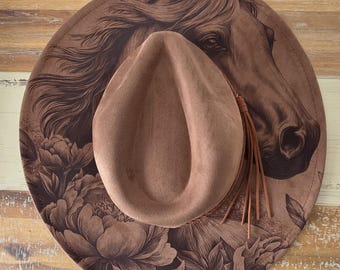 Horse and Peonies, Peony Burned cowgirl Cowboy Hat: Engraved Suede Boho Fedora, Wide brim hat Western Hat Festivals
