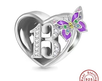 Teenager Birthday 13th Birthday 925 Sterling Silver 13th Birthday Charm Bead Landmark Birthday Fits all Charm Bracelets Heart charm