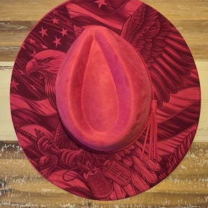 American Eagle and USA flag Hat, Bird Burned cowgirl Cowboy Hat: Engraved Suede/Felt Boho Fedora, Felt Wide brim hat Western Hat