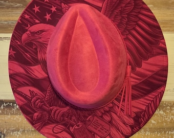 American Eagle and USA flag Hat, Bird Burned cowgirl Cowboy Hat: Engraved Suede Boho Fedora, Wide brim hat Western Hat Festivals