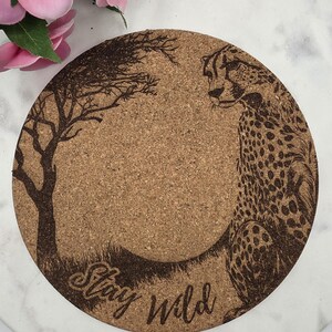 Cork African Safari Cheetah Laser Engraved Cork Trivet: Kitchen Decor Pot Holder Gift, Personalized Housewarming Wedding Hot Pad