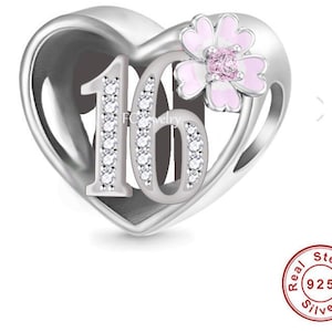 Sweet 16th Birthday 925 Sterling Silver 16th Birthday Dangle Charm Bead Landmark Birthday Fits all Charm Bracelets Heart charm