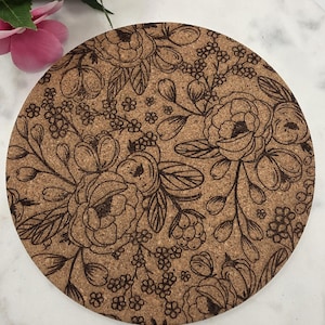 Cork wildflowers Laser Engraved Cork Trivet: Kitchen Decor Pot Holder Gift, Personalized Housewarming Wedding Hot Pad