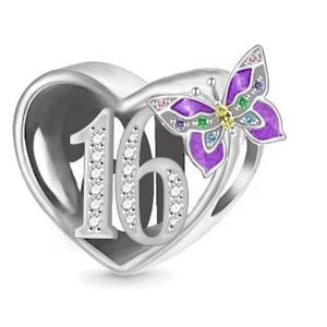 Sweet 16th Birthday 925 Sterling Silver 16th Birthday Dangle Charm Bead Landmark Birthday Fits all Charm Bracelets Heart charm