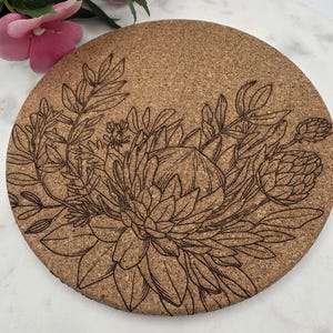 Cork South African Protea Laser Engraved Cork Trivet: Kitchen Decor Pot Holder Gift, Personalized Housewarming Wedding Hot Pad