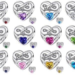 Heart Birthstone Charms- Cubic Zirconia Multi Color Gemstones Silver Birth Month Cute Infinity Charm,European style Chamilia