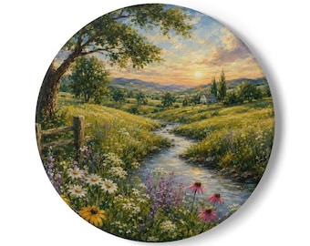 Sunset Meadow Stream Ceramic Coaster | Countryside Landscape, Wildflowers Printed on Coaster or Canvas