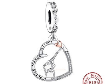 Gymnastics Charm – 925 Silver Dangle Heart Bead for Bracelet or Necklace | Gymnast Gift, Dance Jewelry Love Gymnastics Dangle Charm