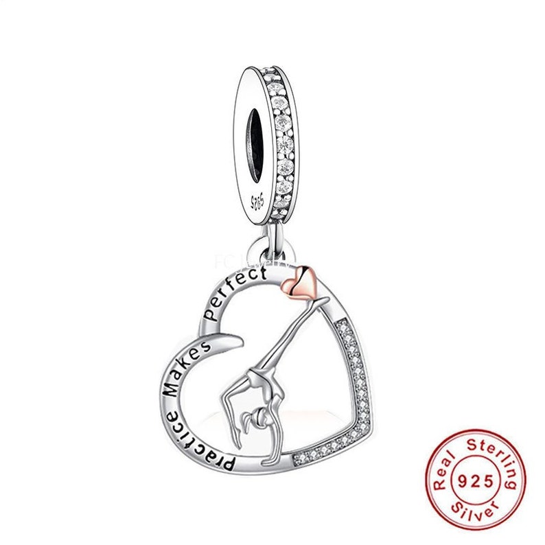 Love Gymnastics Dangle Charm 925 Silver Charm Fits European Bracelet Necklace Charm 925 Charm Heart charm Gymnastics Dance image 1