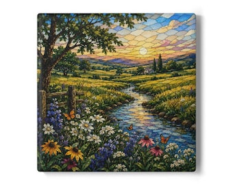 Countryside Stream Mosaic Landscape Ceramic Coaster | Floral Meadow Sunset