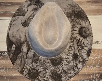 Horse and Sunflowera Burned Hat, Floral Burned cowgirl Cowboy Hat: Engraved Suede Boho Fedora, Wide brim hat Western Hat Festivals
