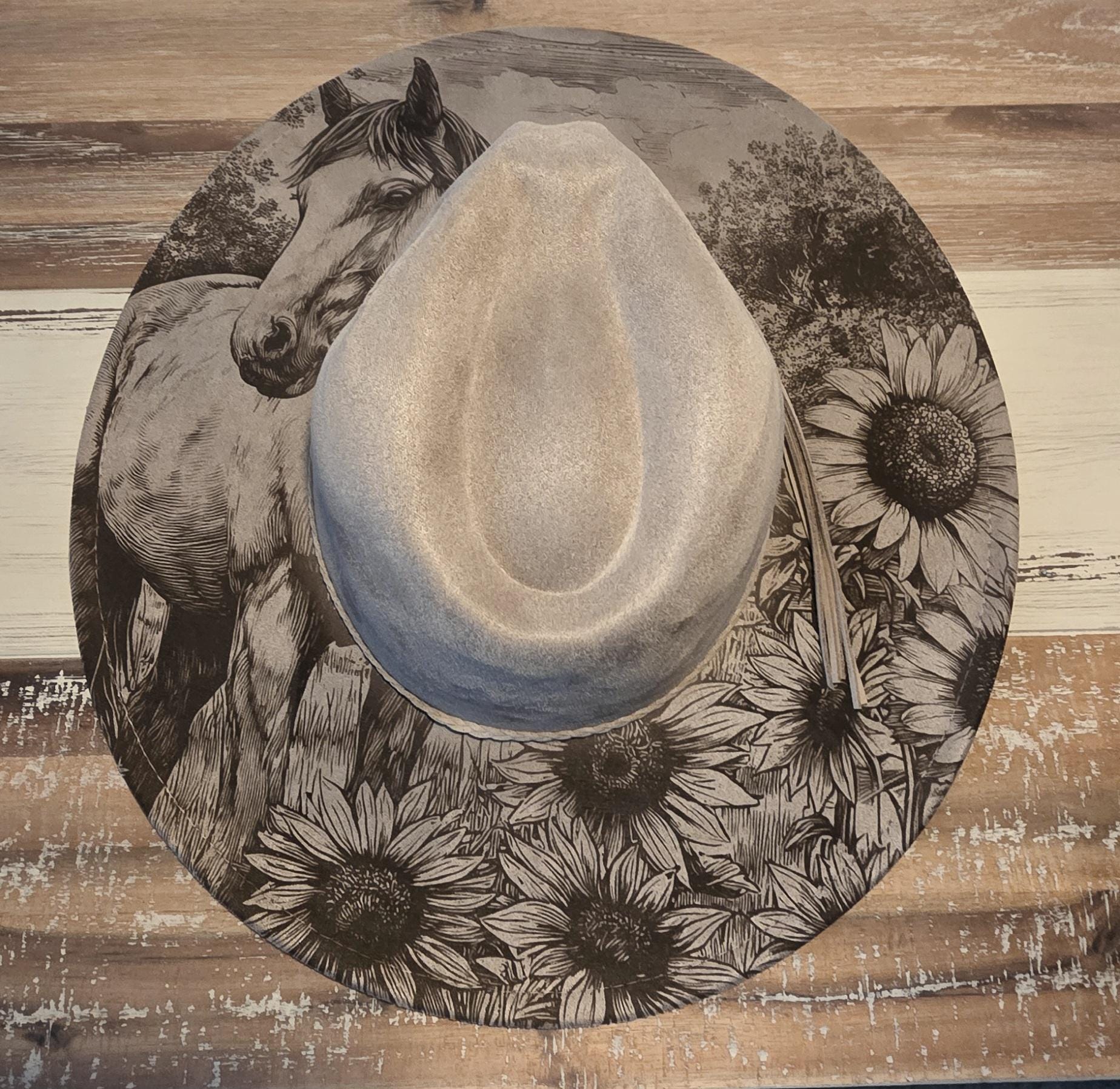 Horse and Sunflowera Burned Hat, Floral Burned Cowgirl 