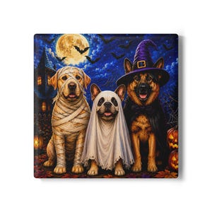 Three Dogs in Halloween Costumes Ceramic Coaster | Mummy Ghost Witch