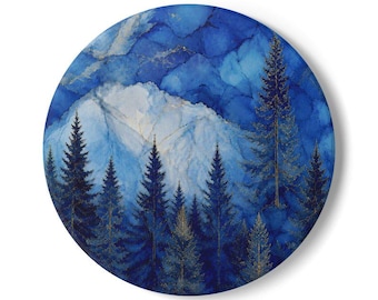 Blue Mountain Pines Ceramic Coaster | Forest Watercolor Landscape Ceramic Drink Coaster