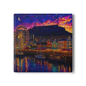 May include: A square wall art print featuring a vibrant mosaic-style night scene of a harbour with a large illuminated Ferris wheel, boats docked at a pier, and a dark mountain silhouette under a colourful sky with a crescent moon and stars.