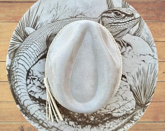 Lizzard Gebrannter Hut, Cowboy Hut mit Blumenmuster. Gebrannte Cowboy Hut: Gravierte Wildleder Boho Fedora, Hut mit breiter Krempe Western Hut Festivals