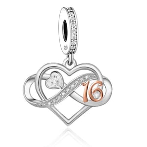 Sweet 16th Birthday Infinity 925 Sterling Silver 16th Birthday Dangle Charm Bead Landmark Birthday Fits all Charm Bracelets Heart charm