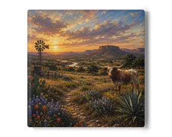 Ceramic Coaster | Texas Sunrise Longhorn cow Design | Ceramic Drink Coaster |