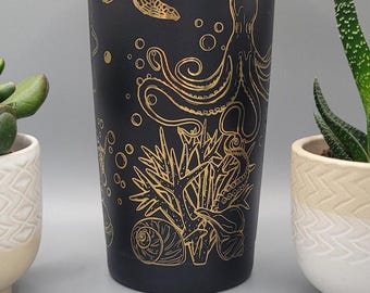 Octopus and sea turtles, under the ocea, sea  black and gold Laser Engraved 20oz Double Wall Insulated Tumbler Travel mug,Tumbler