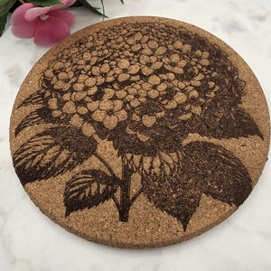 Cork Hydrangea Flowers Laser Engraved Cork Trivet: Kitchen Decor Pot Holder Gift, Personalized Housewarming Wedding Hot Pad