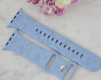 Engraved Dolphins, Ocean, Sea Gift Design for Apple Watch Silicone Sports Band/Strap  38mm/40mm/41mm/42mm/44mm/45mm/46mm/49mm