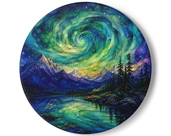 Aurora Night Lake Ceramic Coaster | Mountain Landscape, Swirling Sky Landmark Souvenir Printed on Coaster or Canvas