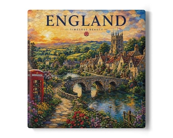England Village Landscape Ceramic Coaster | Countryside River Bridge Phone Box Printed on Coaster or Canvas