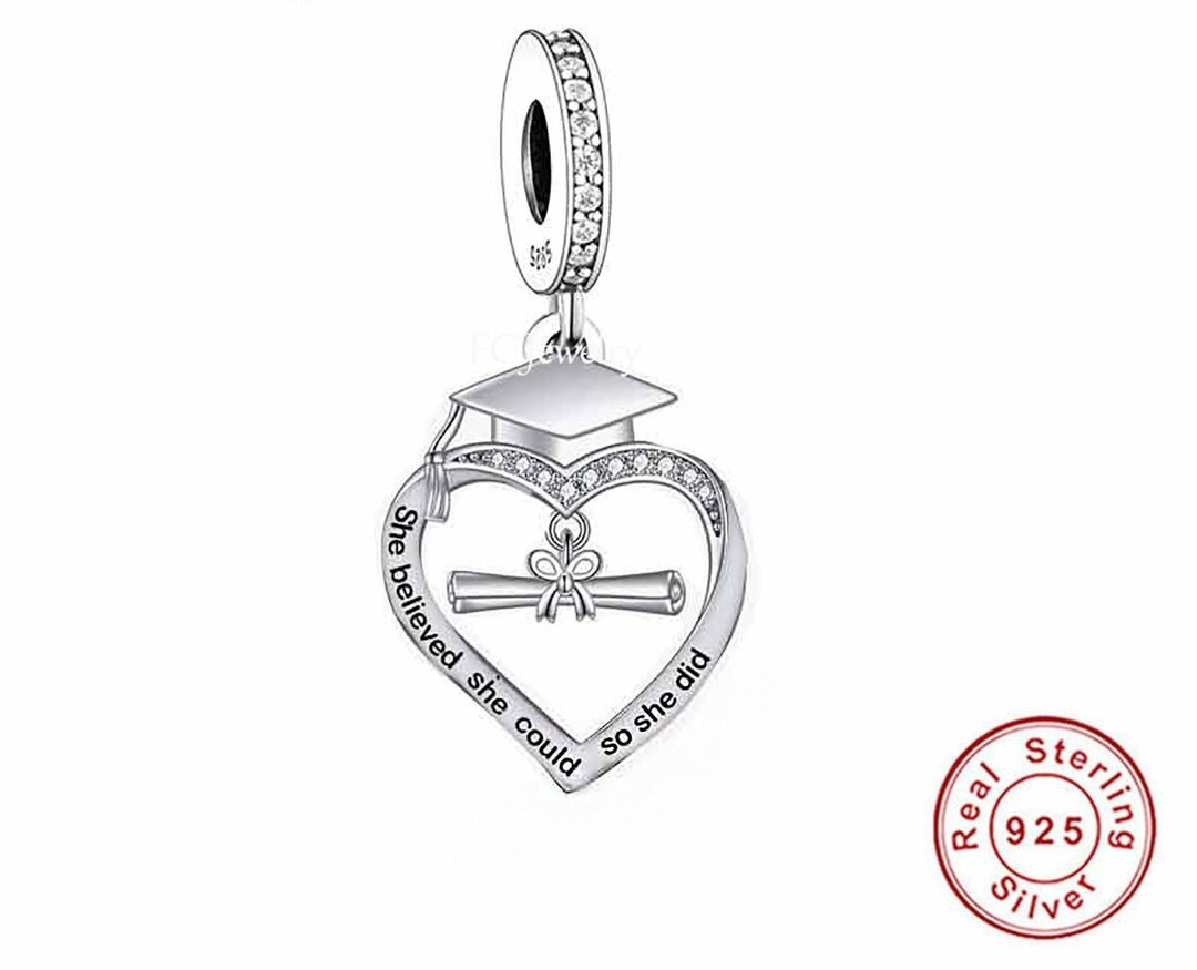 Graduation Charm She Believed She Could so She Did Fits European Bracelets, 925 Sterling Silver