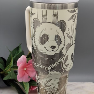 Panda  and flowers 40oz Double Wall Insulated Tumbler with Handles Gift for mom, Granny, sister, Niece