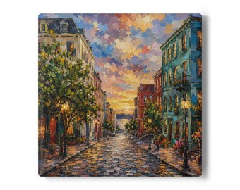 Georgia Impressionist City Street Sunset Landscape, Wildflowers Printed on Coaster or Canvas