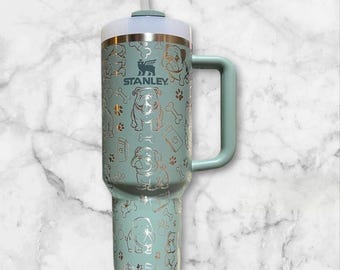 Originele Stanley drinkbeker met schattige Engelse bulldog, 1,2 liter (40 oz), gegraveerde drinkbeker, dubbelwandige geïsoleerde drinkbeker met handvatten.