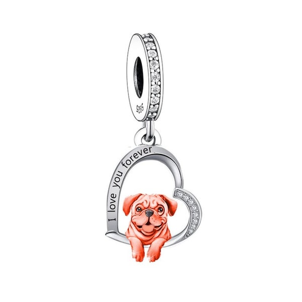 Mops - Puppy Love, echte neue S925 Sterling Silber 'Ich liebe dich für immer'Dangle Charm - passend für alle Charm Armbänder