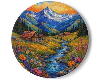 Mountain Stream Cottage Ceramic Coaster | Floral Alpine Landscape Printed on Coaster or Canvas