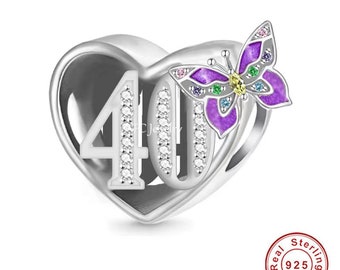 40th Birthday Celebration, 925 Sterling Silver 40th Birthday Dangle Charm Bead Landmark Birthday Fits all Charm Bracelets 40th heart charm