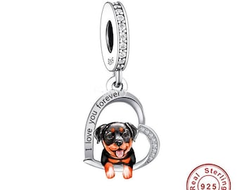 Ich liebe dich für immer Rottweiler-Anhänger aus 925er Sterlingsilber. „Ich liebe dich für immer“-Anhänger – passend für alle Charm-Armbänder, Hunde-Charm