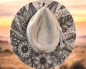 Feathers Burned Hat, Floral Burned cowgirl Cowboy Hat: Engraved Suede Boho Fedora, Wide brim hat Western Hat Festivals
